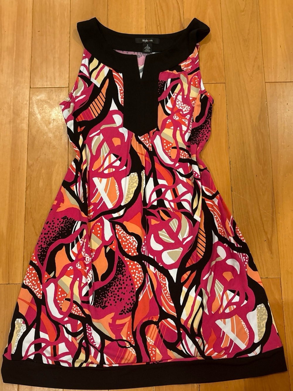 Style & Co. Fuchsia Multi-Print Sleeveless A-Line Dress with Black Trim